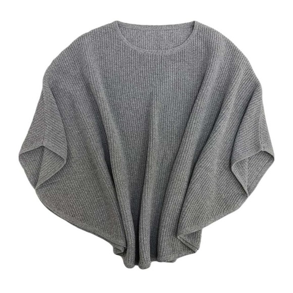 NC Crewneck Batwing Sleeve Knitted Poncho Pullovers Sweater in Grey - Picture 2 of 8